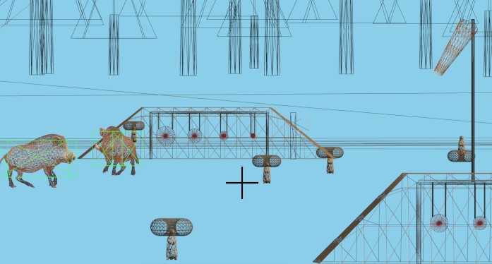 Steel simulator range rendered as wireframe with a green box collider around the boar